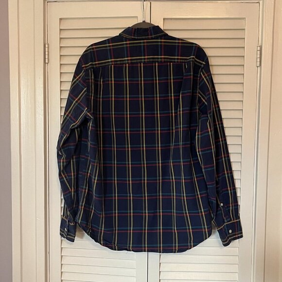 J. Crew Factory men's holiday buttondown shirt navy plaid large cotton - Picture 5 of 9